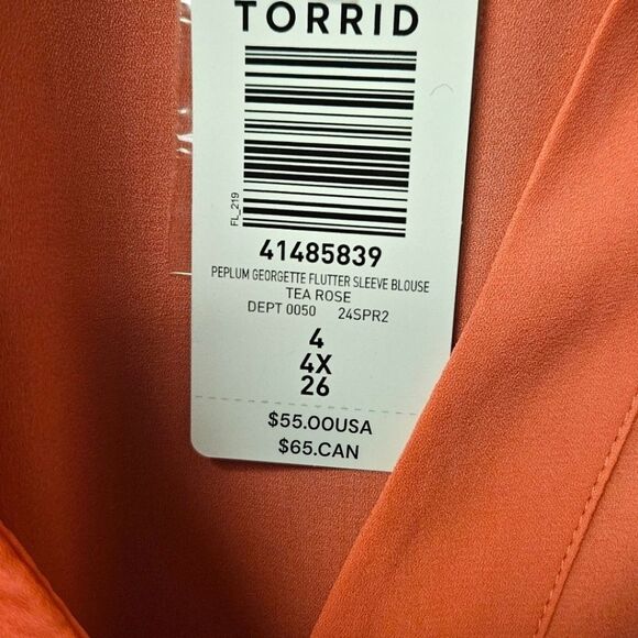 โTORRID Plus Size Tea Rose ๐น Color Peplum Georgette Flutter Sleeve Blouse. 4X - Picture 14 of 16